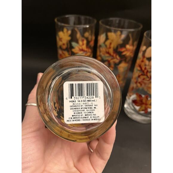 5 Drinking Glasses Fall Autumn Leaf Acorn Greenbrier Int'l Orange Green Yellow - Picture 5 of 5